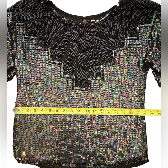 Vintage Original 80's 90's Black Sequins Beaded Top Blouse F.A. Chatta Medium - Picture 7 of 12